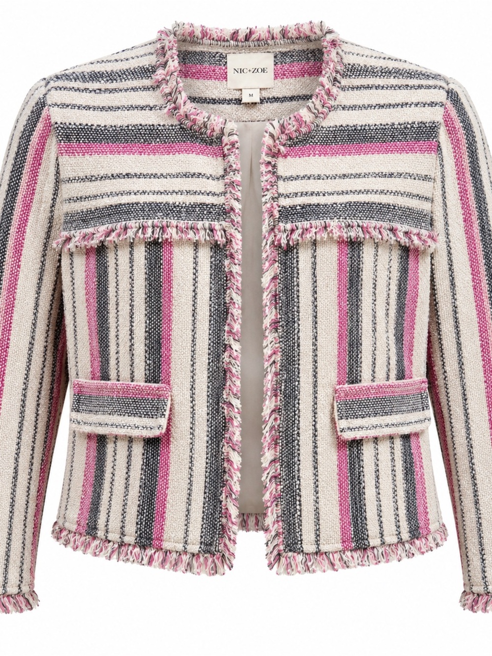 NIC+ZOE Pink, Gray and White Striped Fringe Open Jacket
